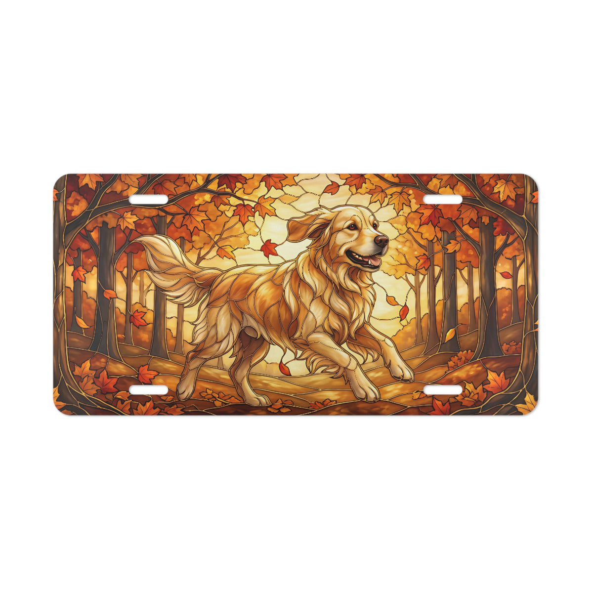 golden retriever autumn vanity plate lifestyle shot — fall leaves dog license plate