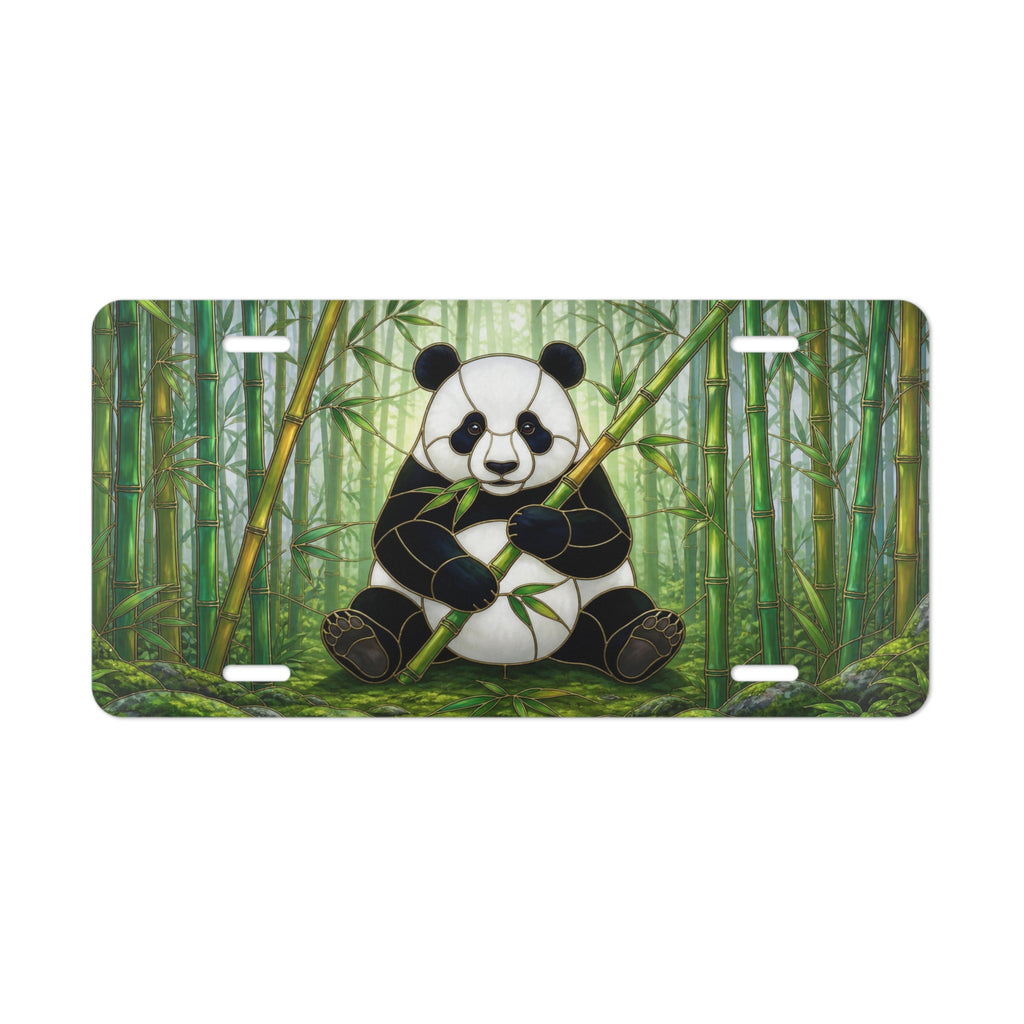 panda eating bamboo vanity plate lifestyle shot — soft green panda bamboo forest license plate