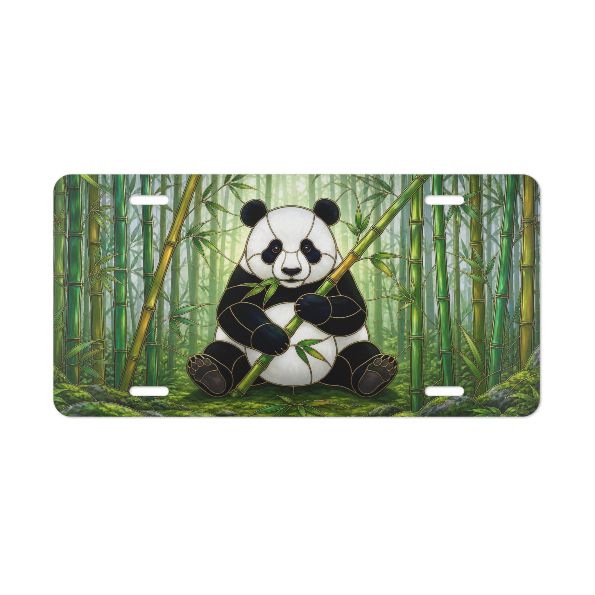 panda eating bamboo vanity plate lifestyle shot — soft green panda bamboo forest license plate