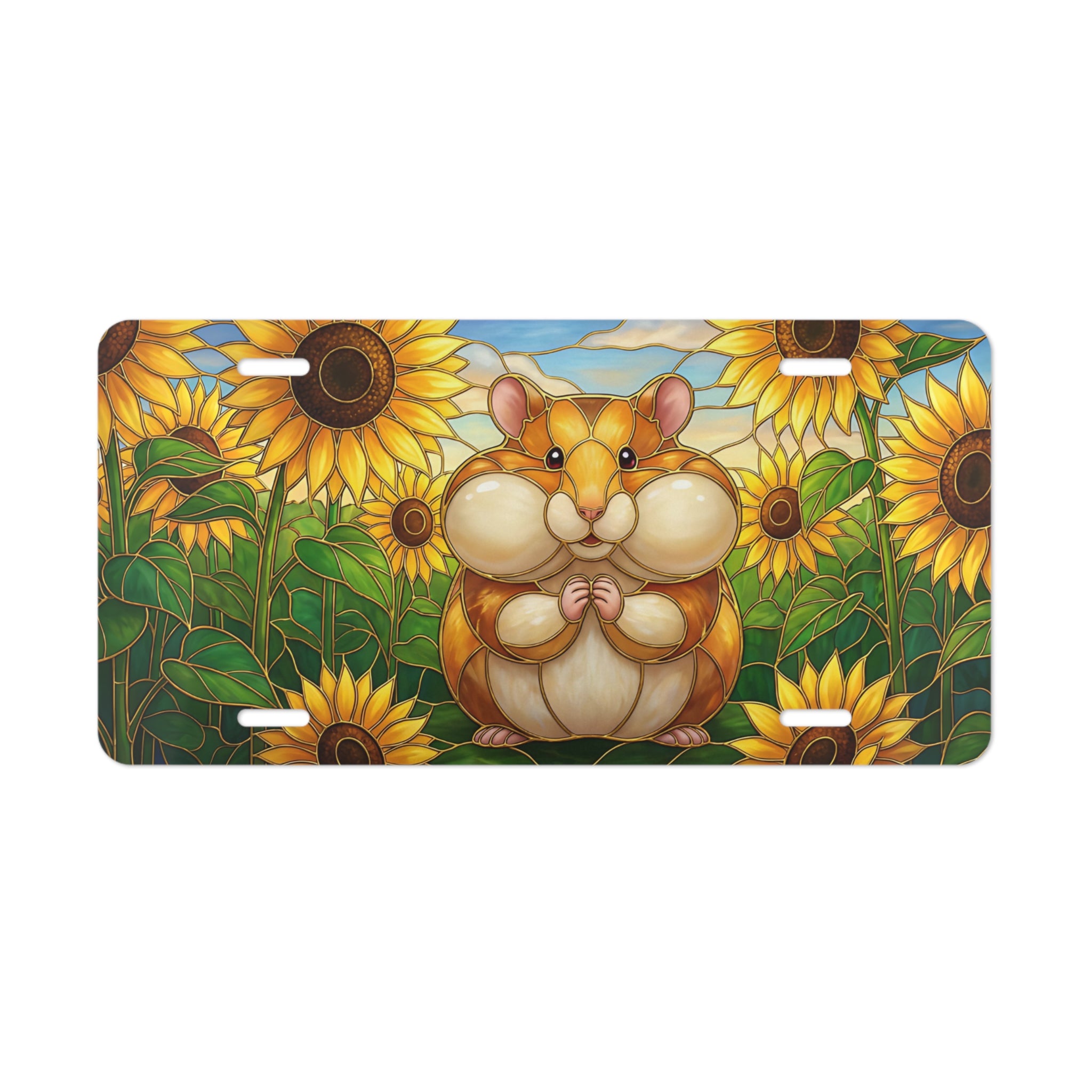 hamster in sunflowers vanity plate lifestyle shot — cute kawaii summer pet license plate