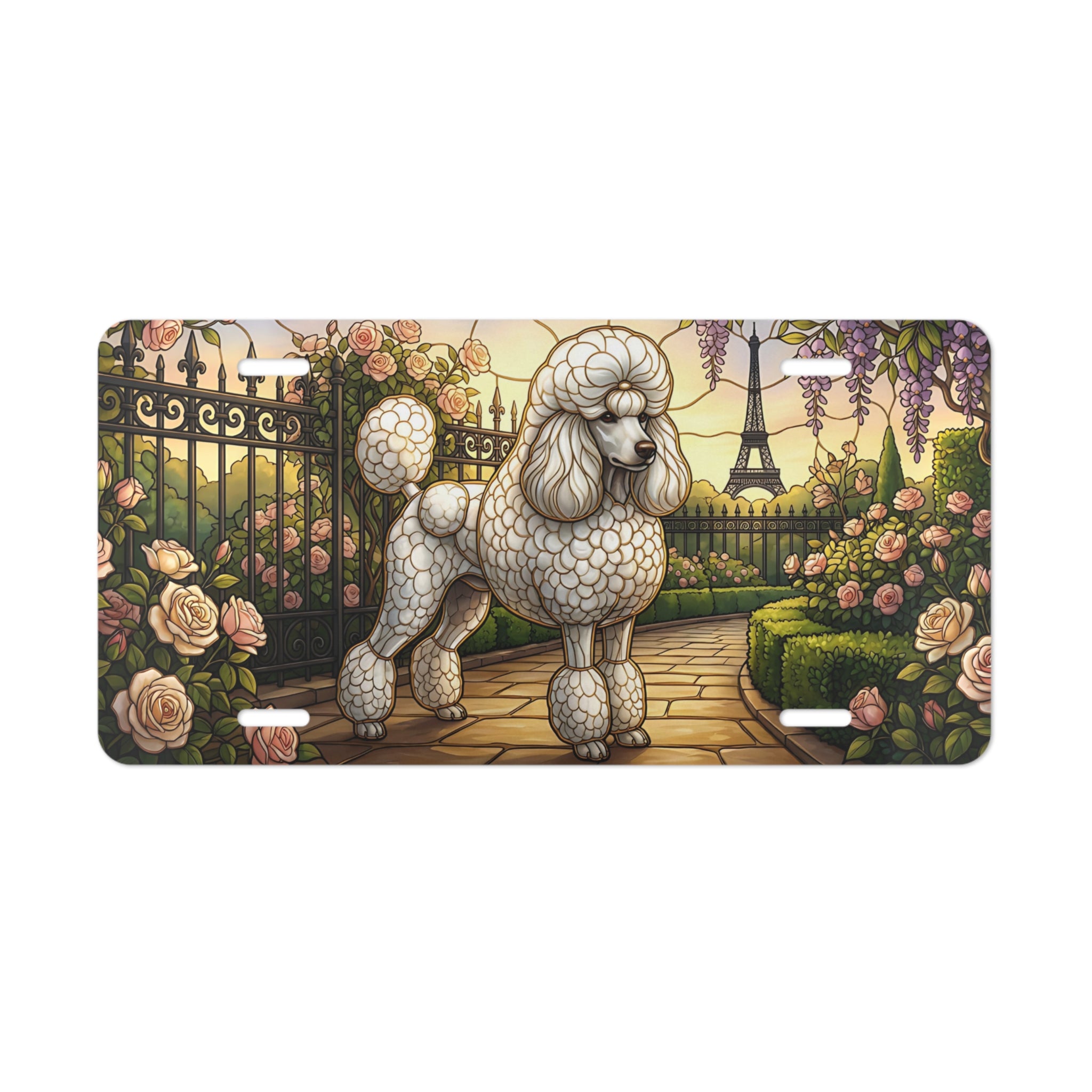poodle in Paris Eiffel Tower vanity plate lifestyle shot — Parisian garden license plate