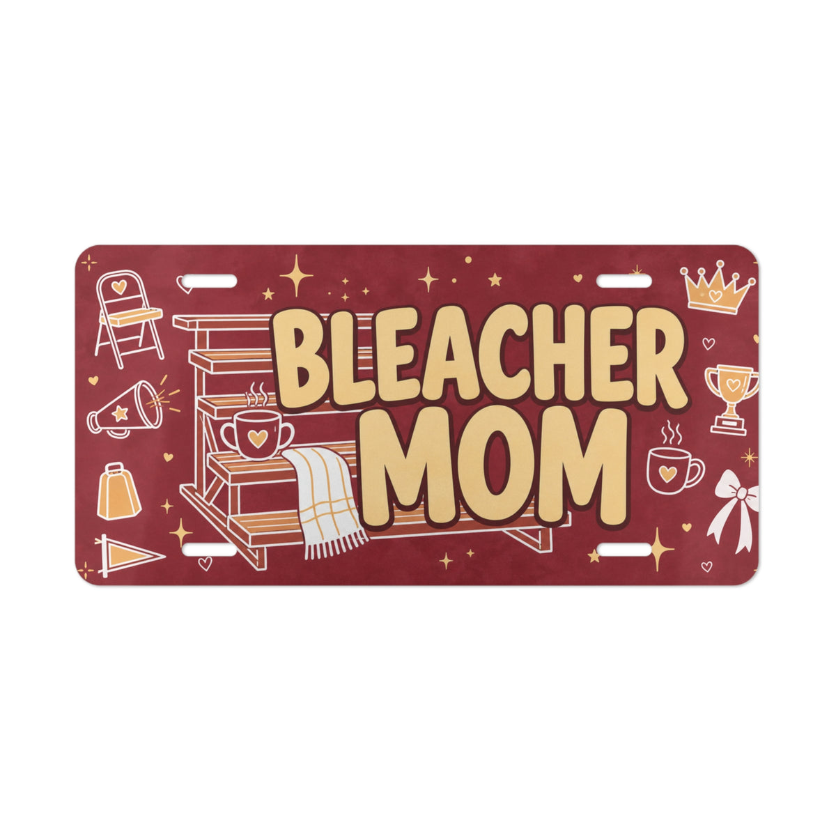bleacher mom vanity plate lifestyle shot — maroon BLEACHER MOM sideline sports license plate