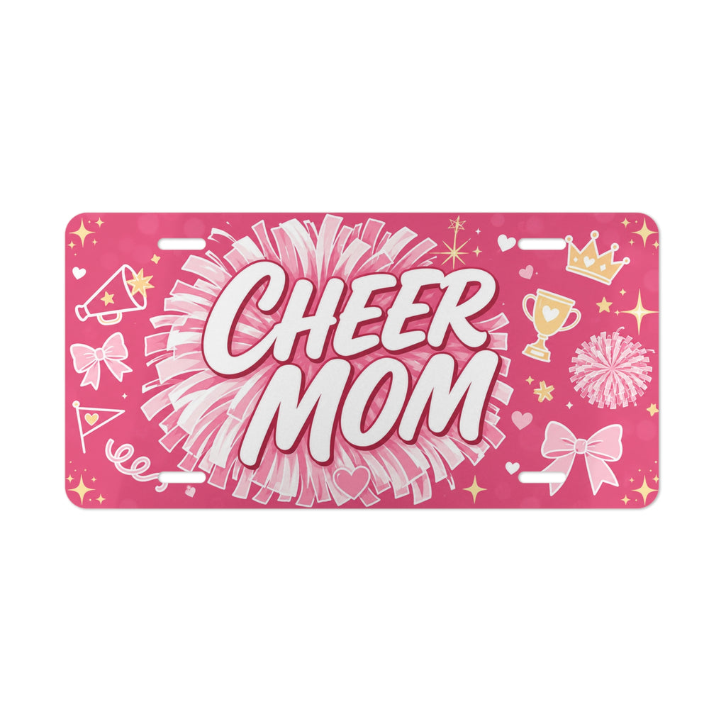cheer mom vanity plate lifestyle shot — hot pink CHEER MOM sports license plate