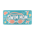 swim mom vanity plate lifestyle shot — teal coral goggles SWIM MOM sports license plate