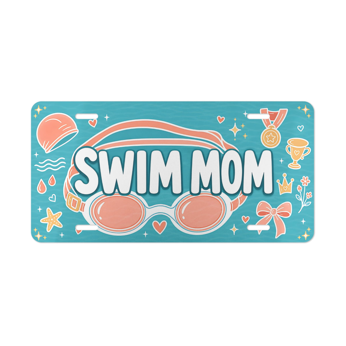 swim mom vanity plate lifestyle shot — teal coral goggles SWIM MOM sports license plate