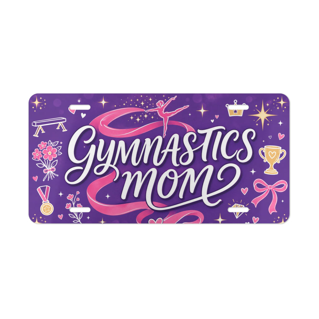gymnastics mom vanity plate lifestyle shot — purple pink GYMNASTICS MOM sports license plate