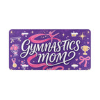 gymnastics mom vanity plate lifestyle shot — purple pink GYMNASTICS MOM sports license plate