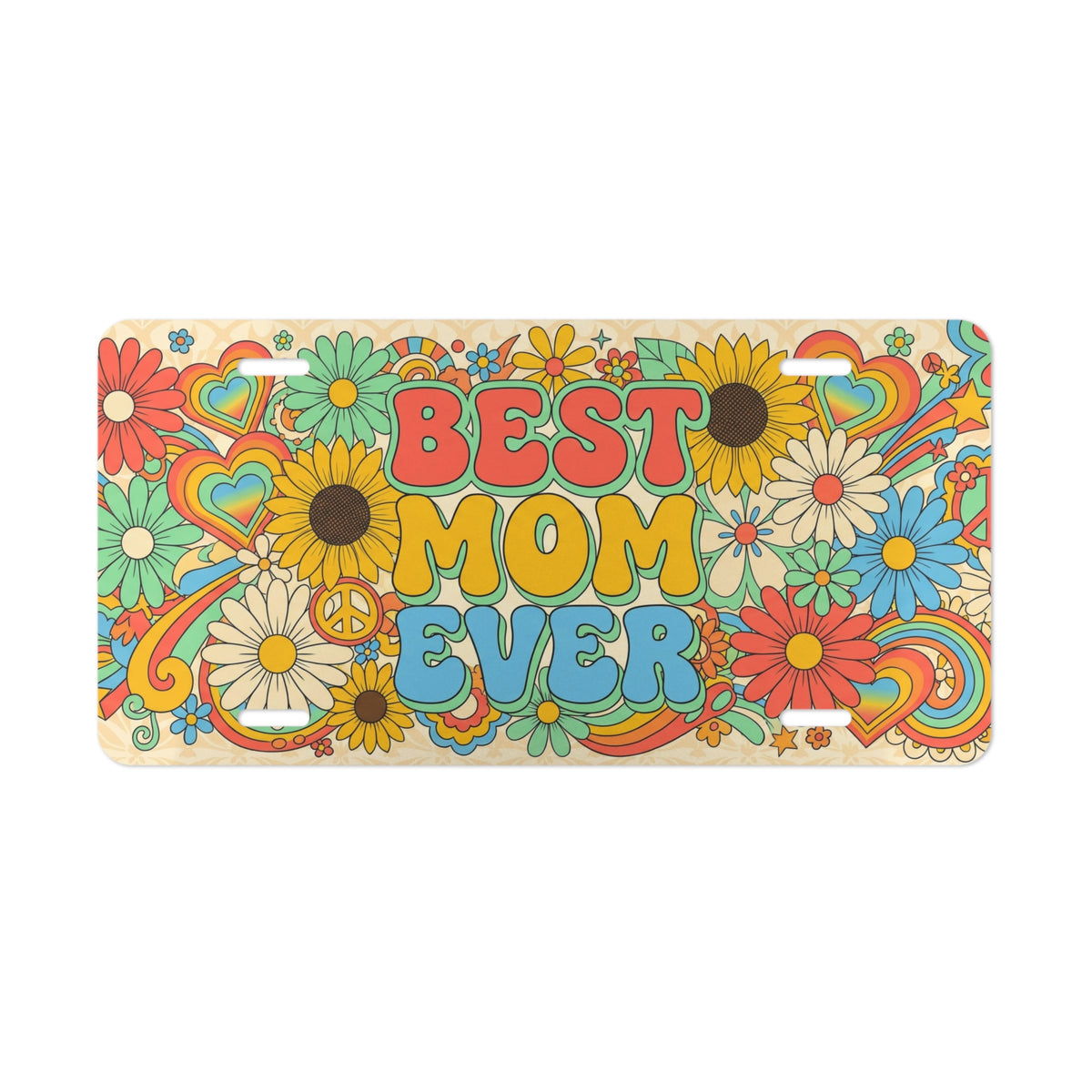 best mom ever retro floral vanity plate — sunflower rainbow daisy bubbly BEST MOM EVER license plate