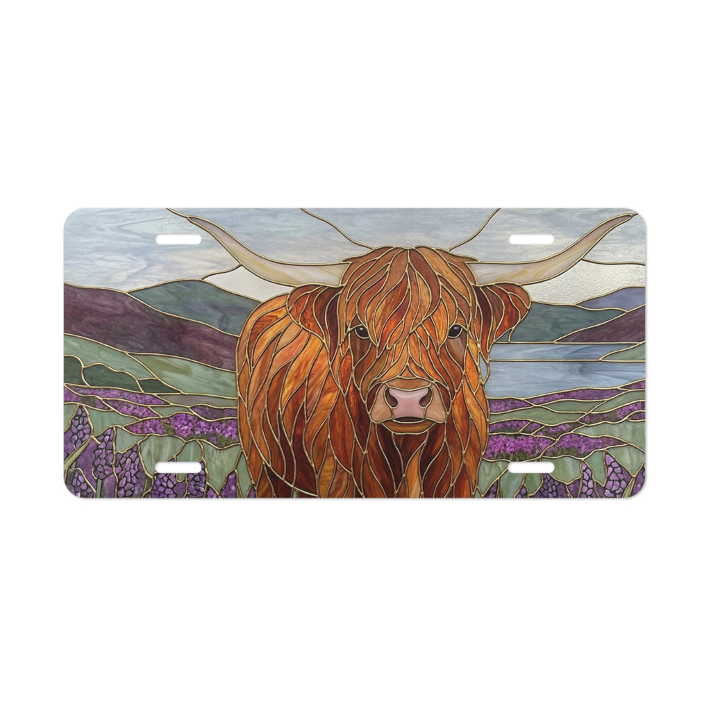 highland cow floral landscape vanity plate lifestyle shot — pastoral countryside license plate