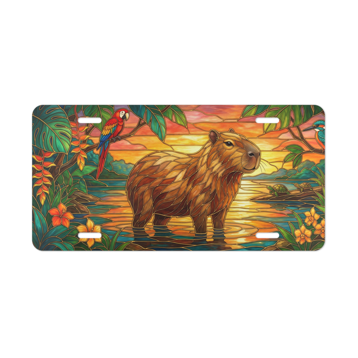 geometric capybara sunset vanity plate lifestyle shot — tropical wildlife wetland license plate