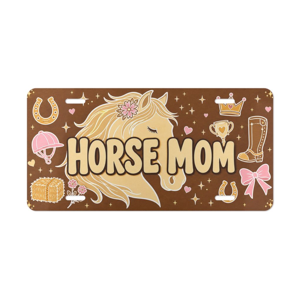 horse mom vanity plate lifestyle shot — warm brown HORSE MOM equestrian license plate