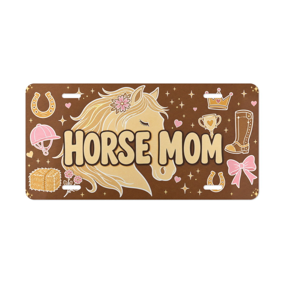 horse mom vanity plate lifestyle shot — warm brown HORSE MOM equestrian license plate