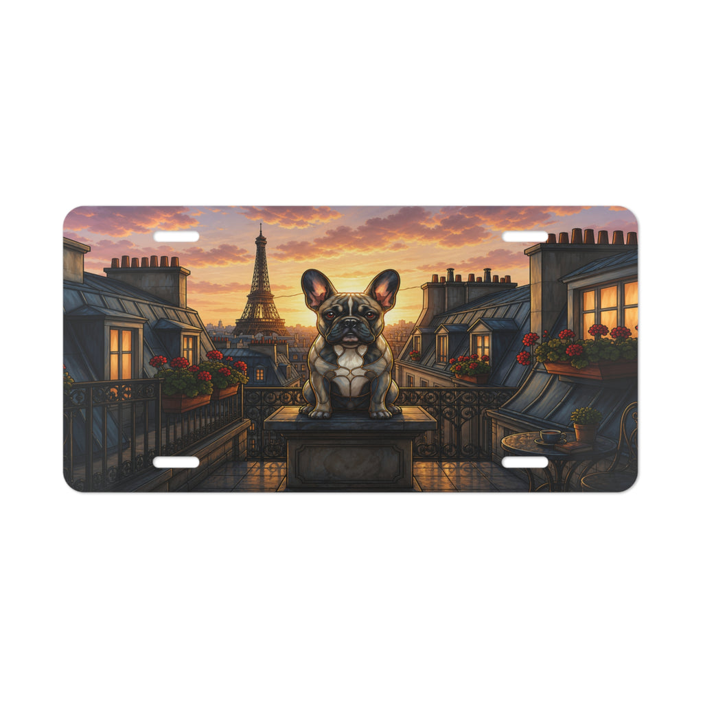 french bulldog paris rooftops vanity plate lifestyle shot — Parisian evening dog license plate