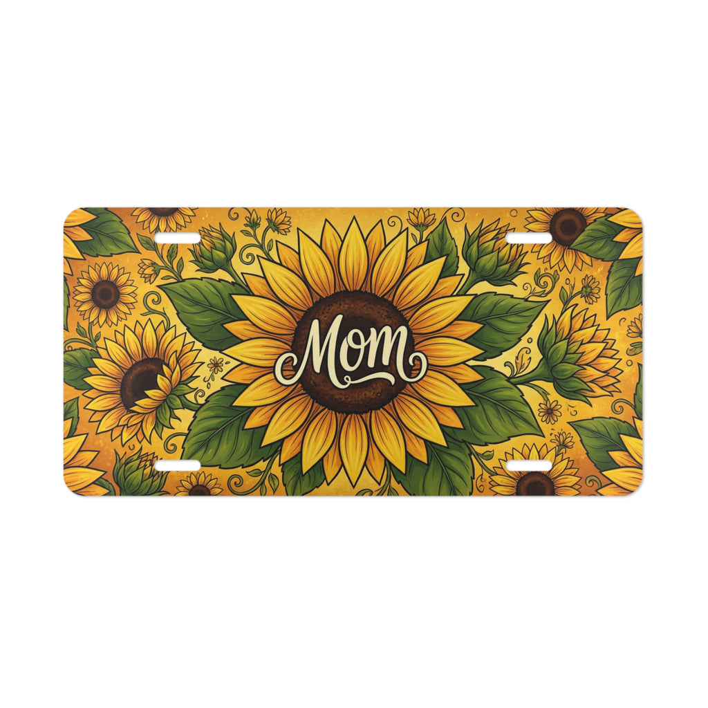 sunflower mom vanity plate — vivid yellow green sunflower hand-lettered MOM license plate
