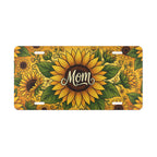 sunflower mom vanity plate — vivid yellow green sunflower hand-lettered MOM license plate