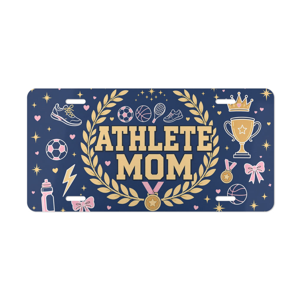athlete mom vanity plate lifestyle shot — navy gold ATHLETE MOM sports license plate