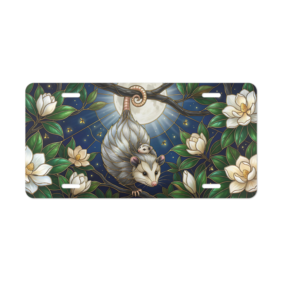 opossum moon magnolias vanity plate lifestyle shot — nocturnal wildlife night garden license plate
