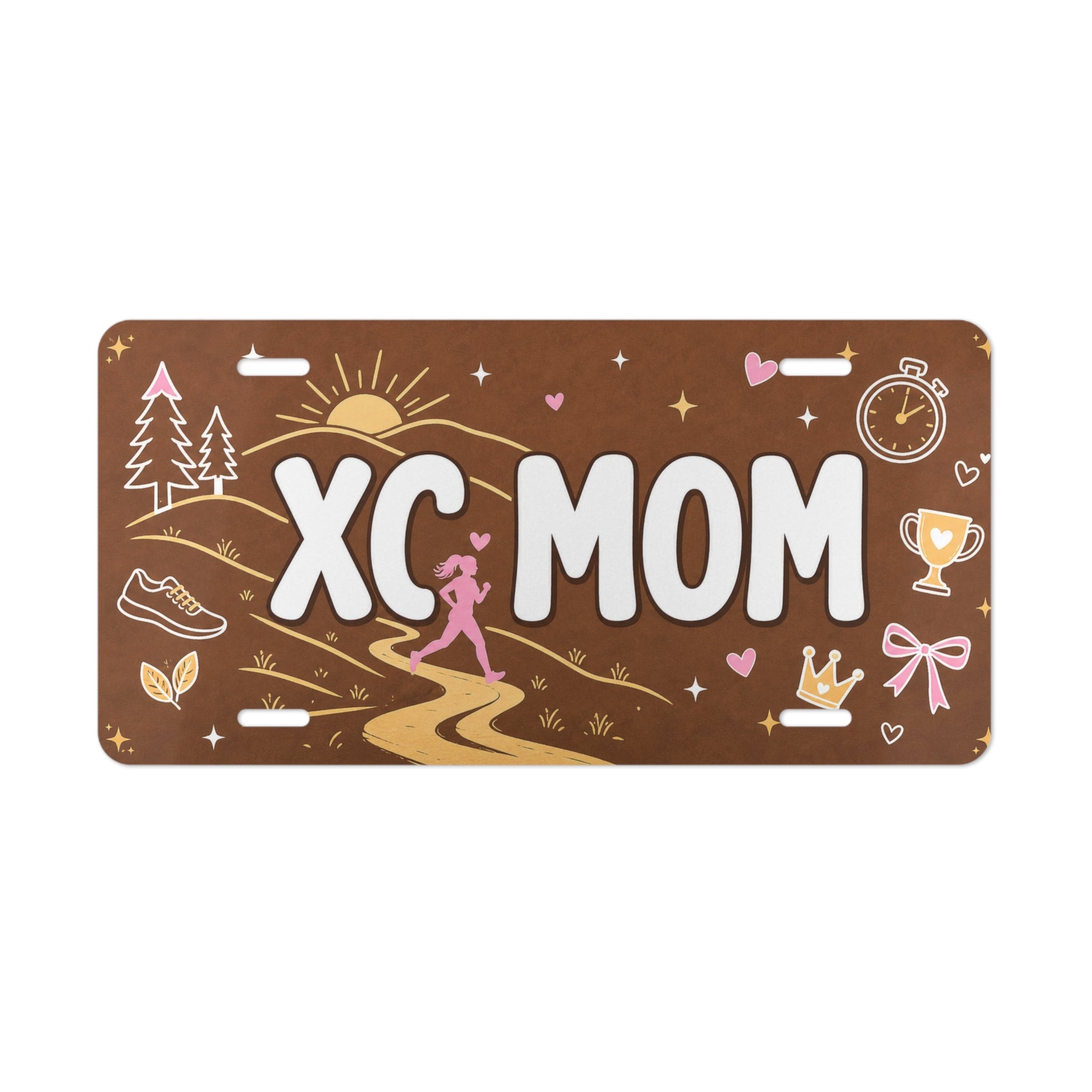 xc mom vanity plate lifestyle shot — earthy XC MOM cross country sports license plate