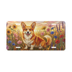 corgi in wildflower field vanity plate lifestyle shot — sunrise meadow dog license plate