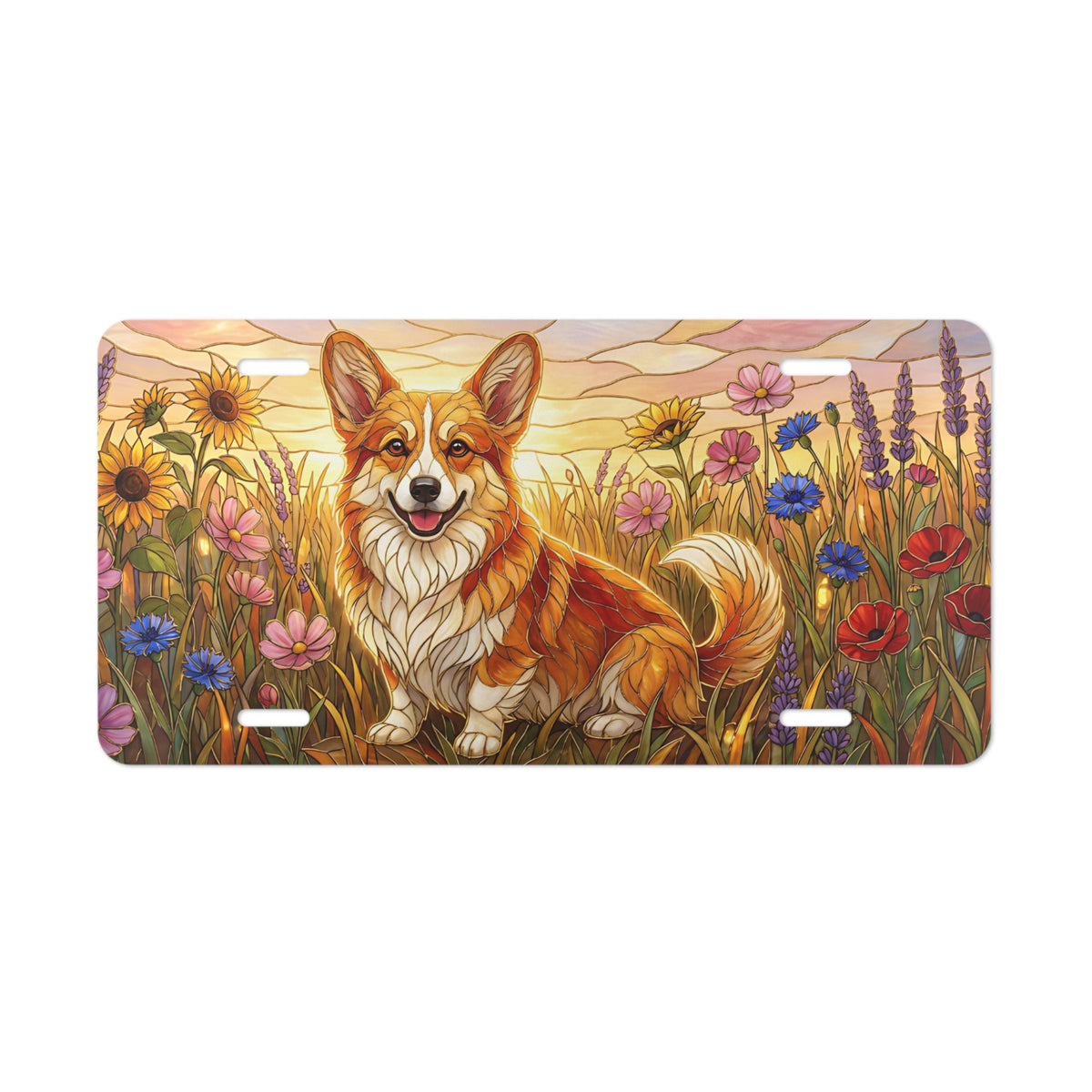 corgi in wildflower field vanity plate lifestyle shot — sunrise meadow dog license plate