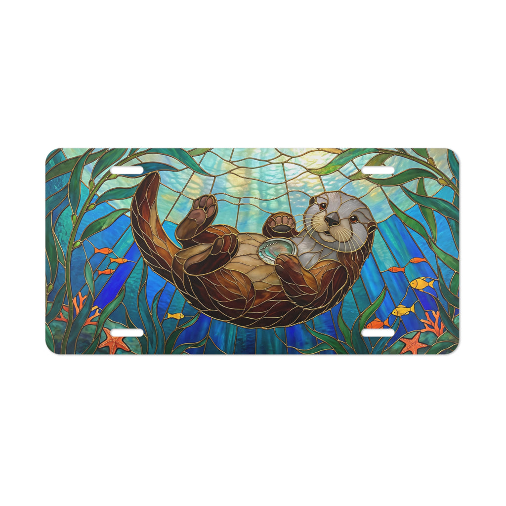 sea otter stained glass vanity plate lifestyle shot — ocean marine jewel tone license plate