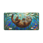 sea otter stained glass vanity plate lifestyle shot — ocean marine jewel tone license plate