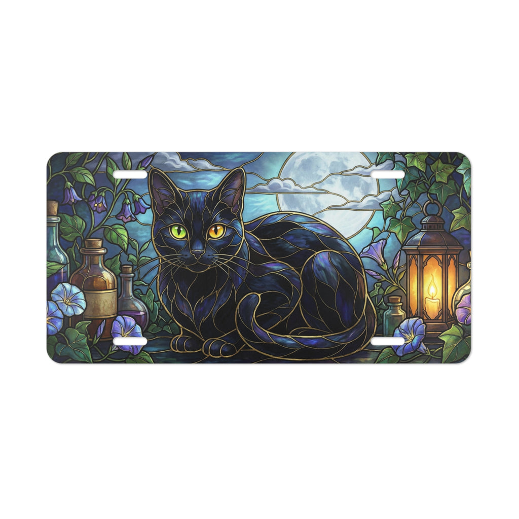black cat stained glass moonlit vanity plate lifestyle shot — witchy cottagecore license plate