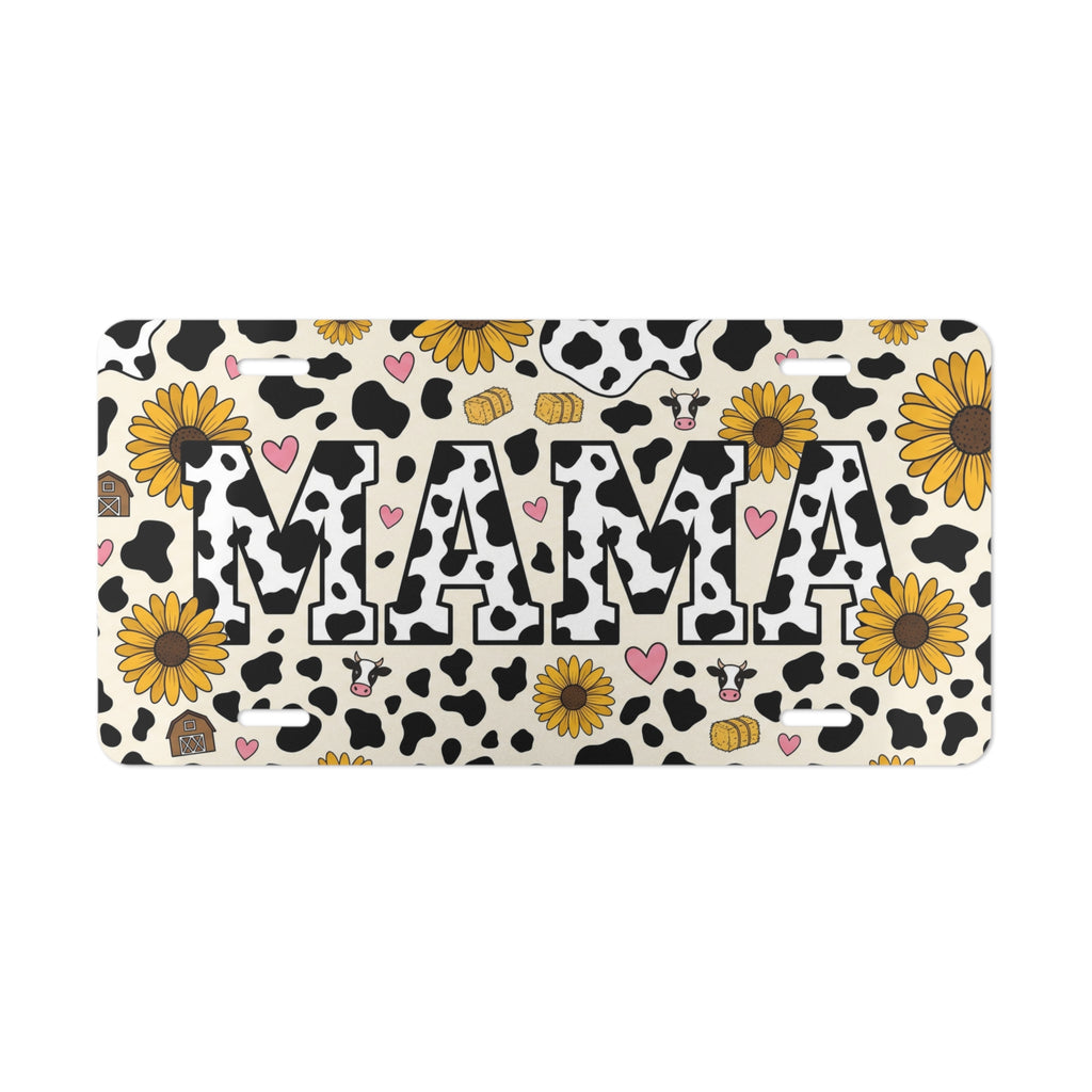 mama cow print sunflowers vanity plate — black white cow print sunflower MAMA license plate