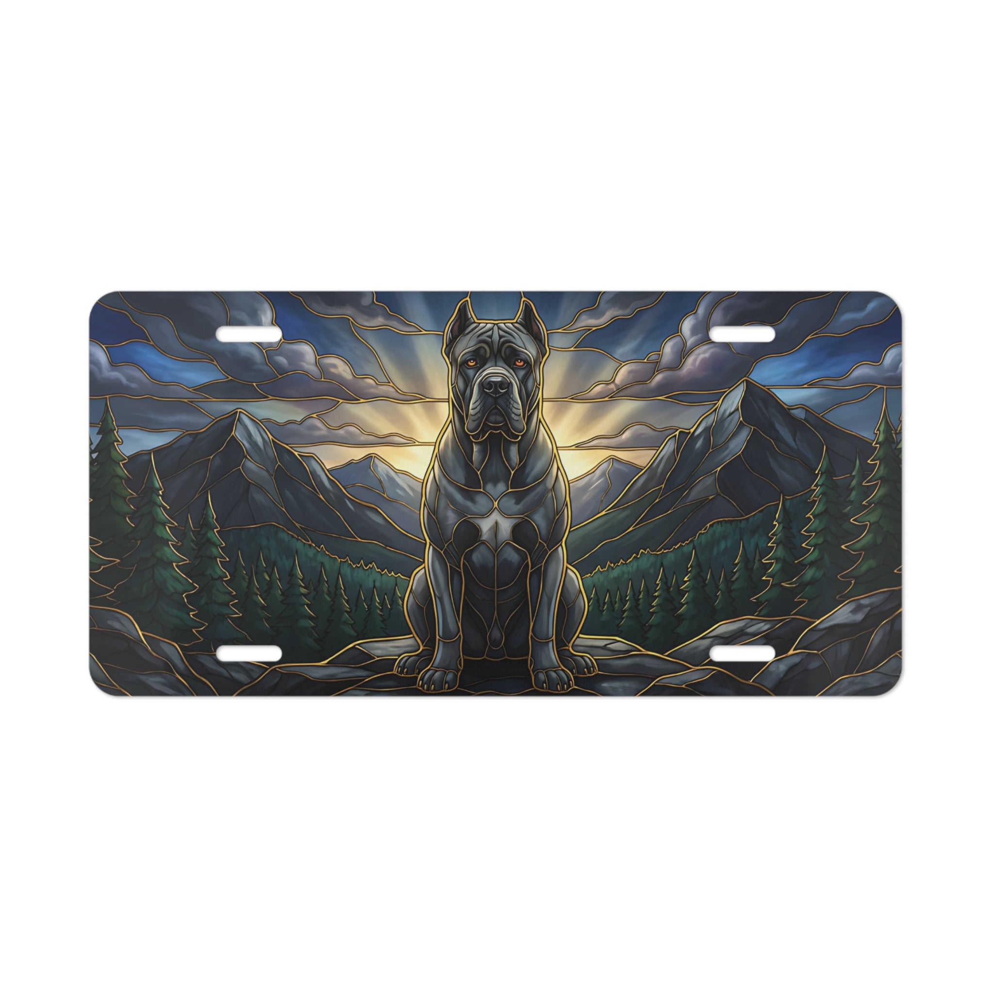 mountain mastiff vanity plate lifestyle shot — scenic dog mountain wilderness license plate