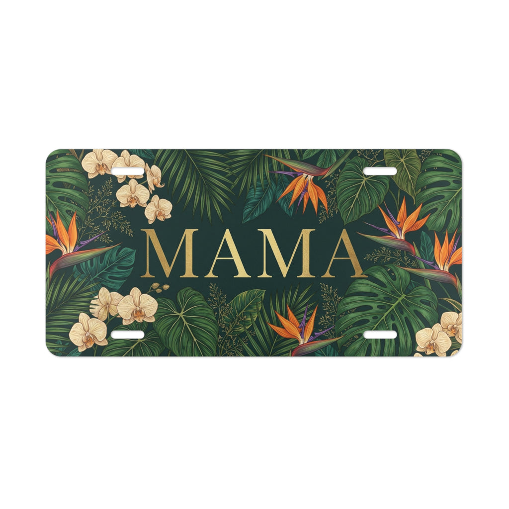 tropical floral mama vanity plate — deep green bird-of-paradise gold MAMA license plate