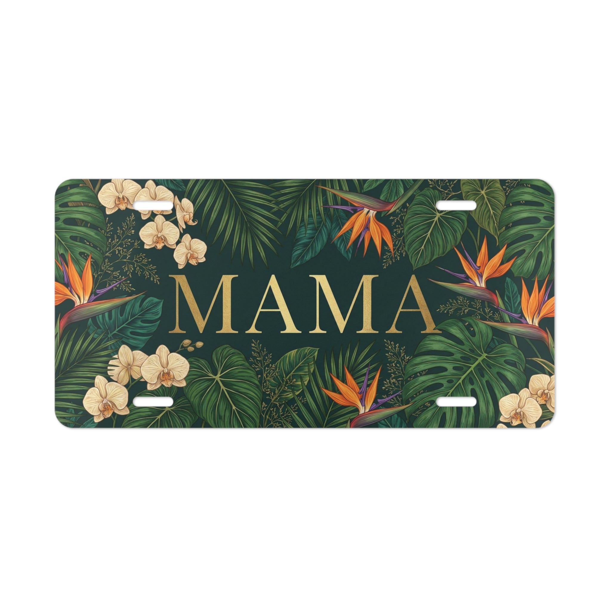 tropical floral mama vanity plate — deep green bird-of-paradise gold MAMA license plate