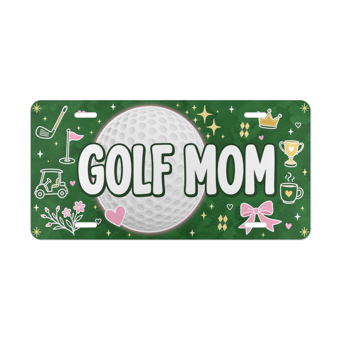 golf mom vanity plate lifestyle shot — green golf ball GOLF MOM sports license plate