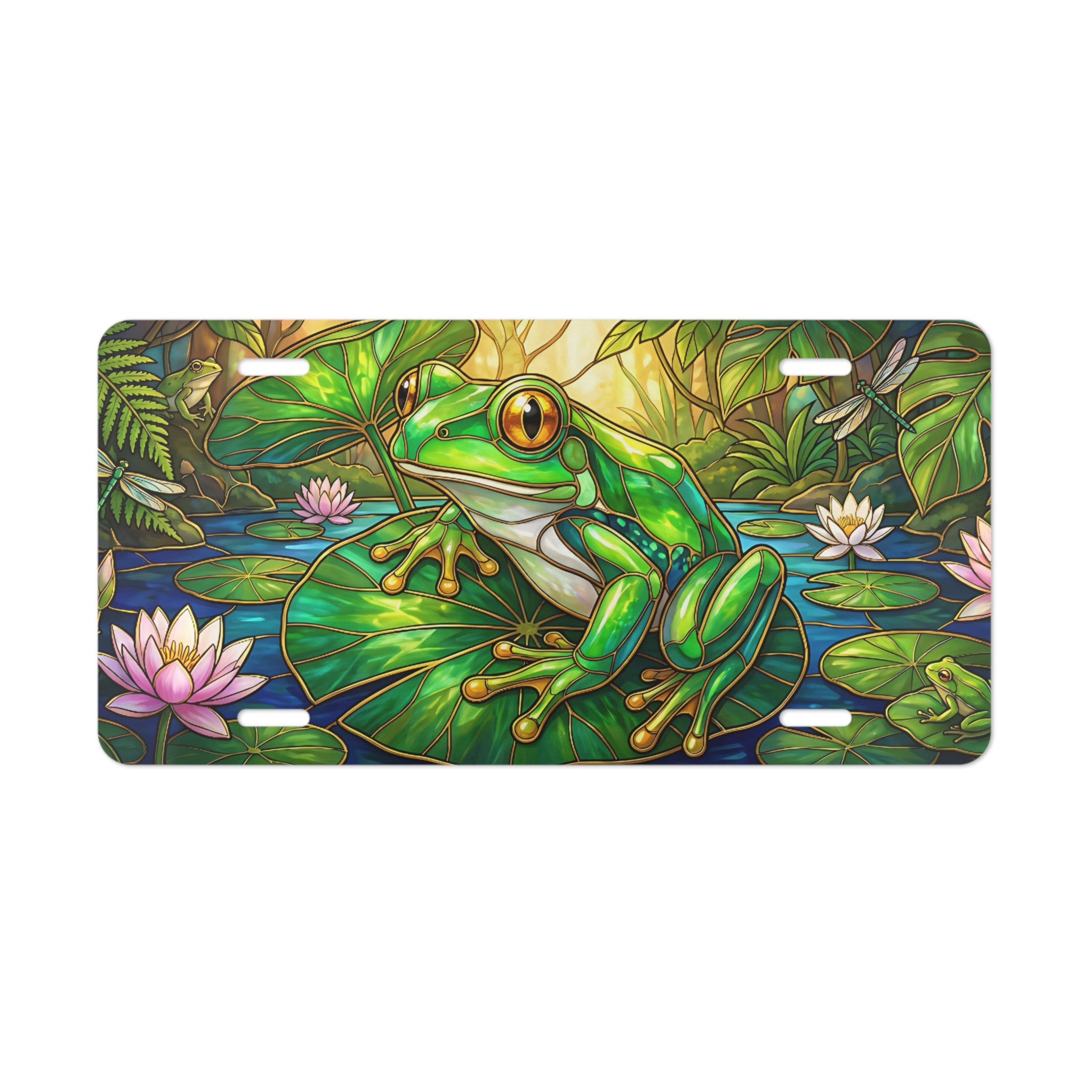 green tree frog lily pad vanity plate lifestyle shot — pond nature whimsical license plate