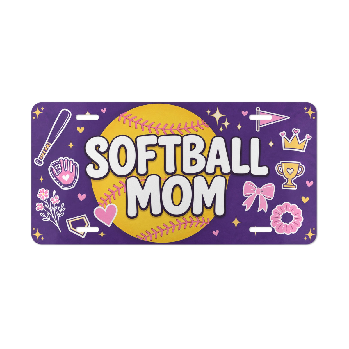 softball mom vanity plate lifestyle shot — purple SOFTBALL MOM sports license plate
