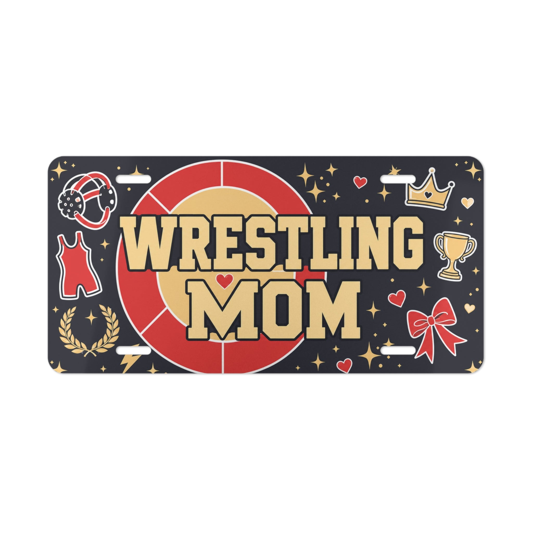 wrestling mom vanity plate lifestyle shot — red gold WRESTLING MOM sports license plate