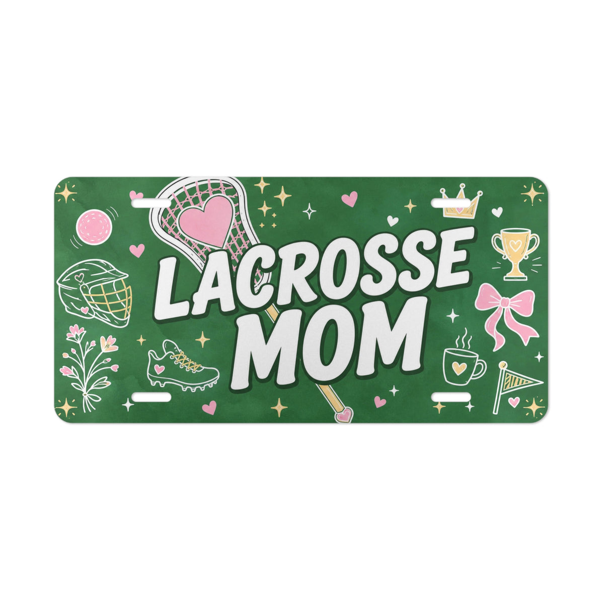lacrosse mom vanity plate lifestyle shot — green pink LACROSSE MOM sports license plate