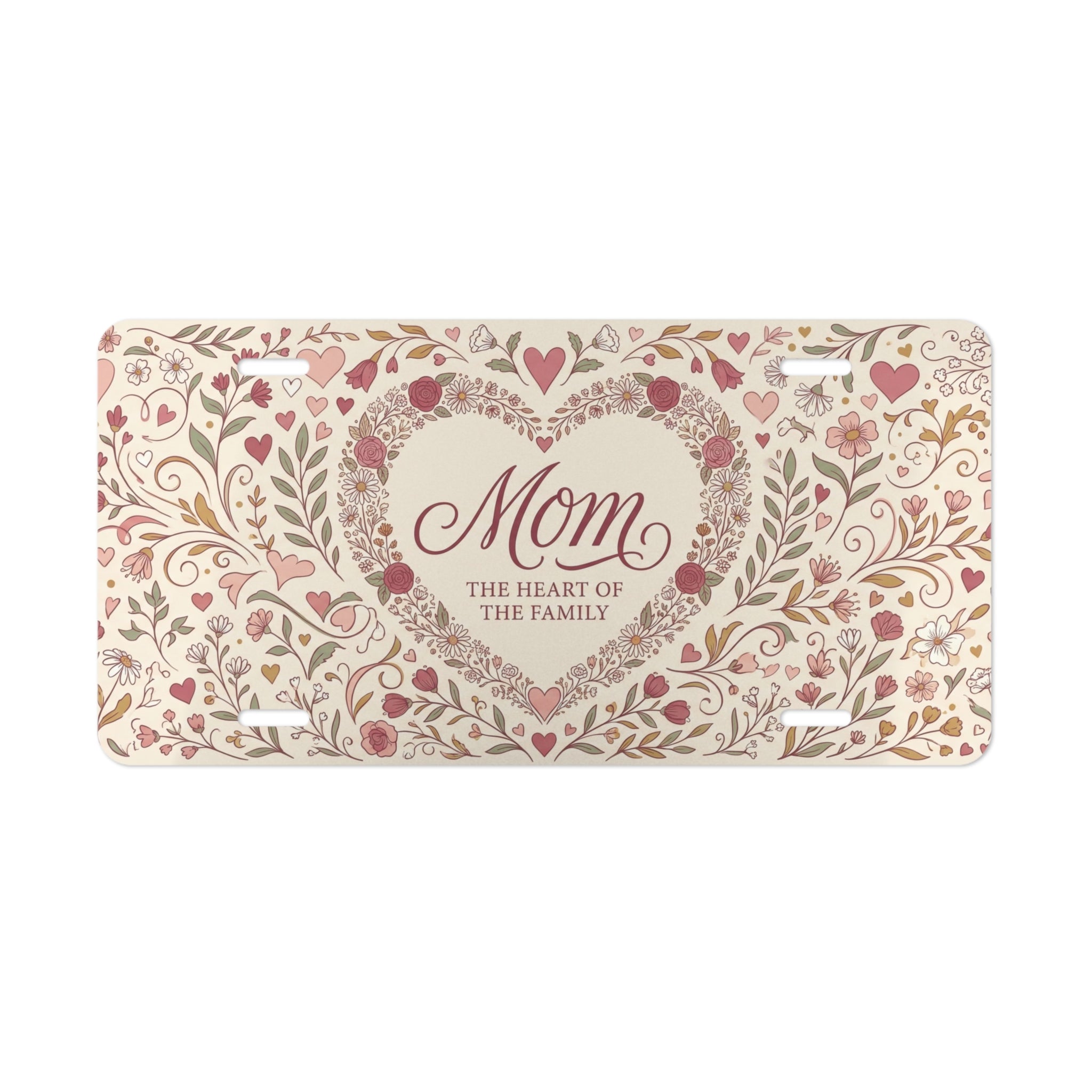 mom heart of the family vanity plate — blush rose floral heart wreath sentimental license plate
