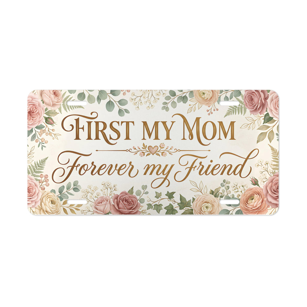 first my mom forever my friend gold watercolour vanity plate — warm gold rose watercolour script license plate
