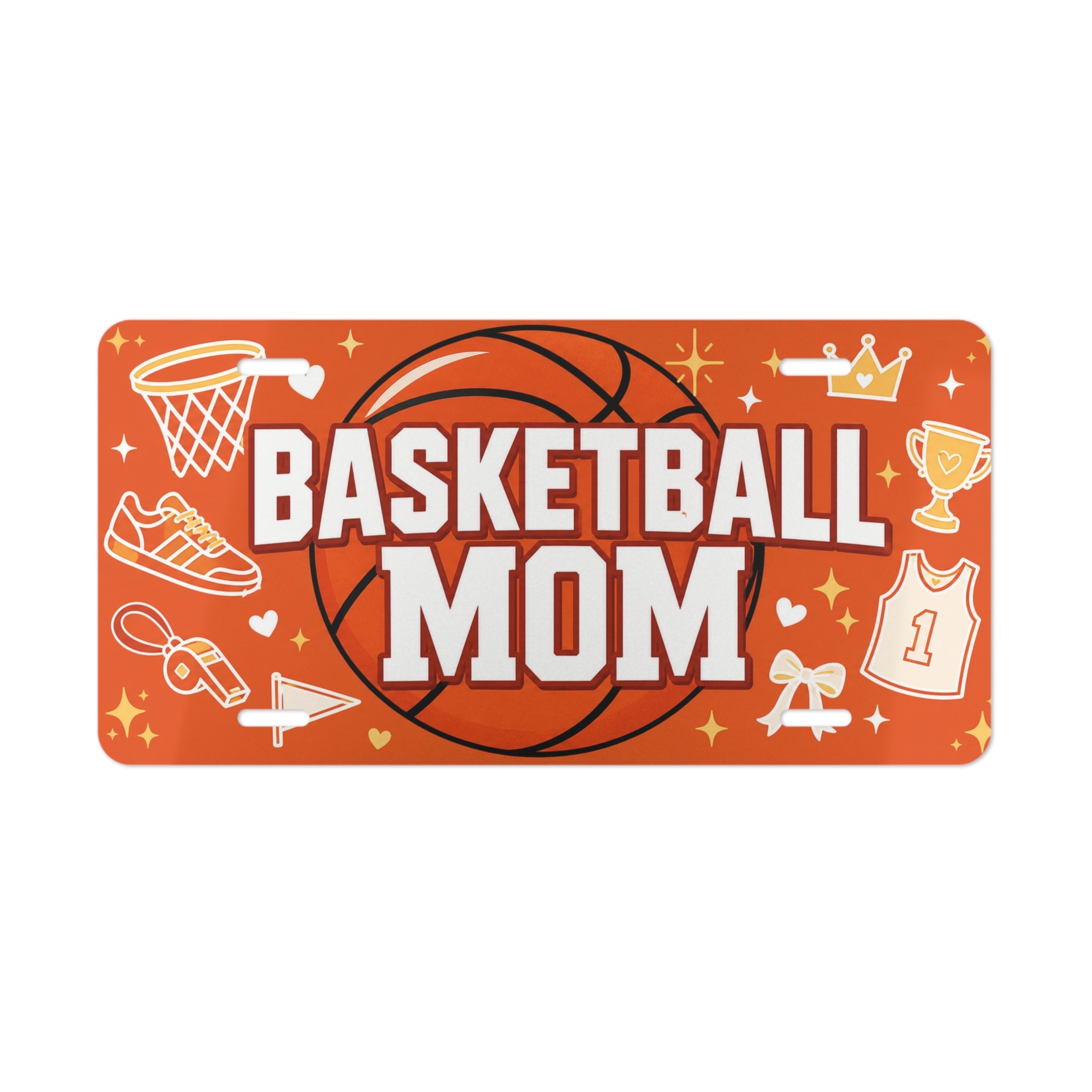 basketball mom vanity plate lifestyle shot — orange BASKETBALL MOM sports license plate