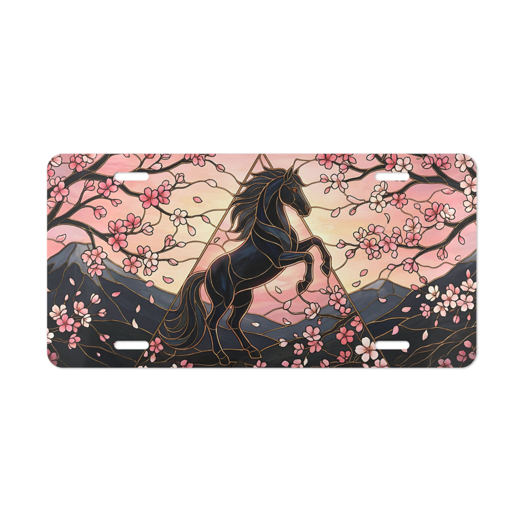 black unicorn cherry blossoms vanity plate lifestyle shot — fantasy horse blush pink license plate