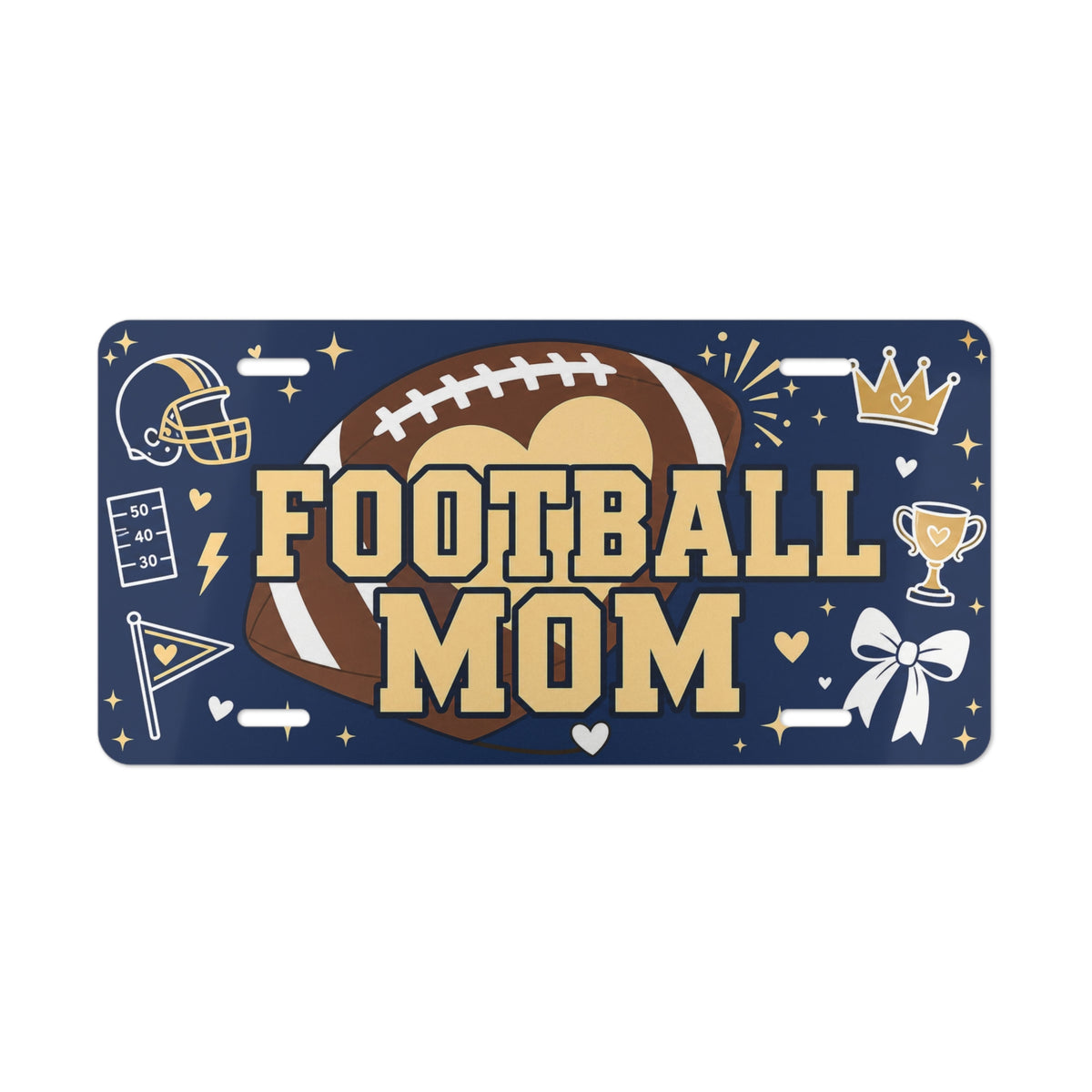 football mom vanity plate lifestyle shot — navy FOOTBALL MOM sports license plate