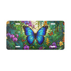 blue butterfly tropical floral vanity plate lifestyle shot — nature vivid blue license plate