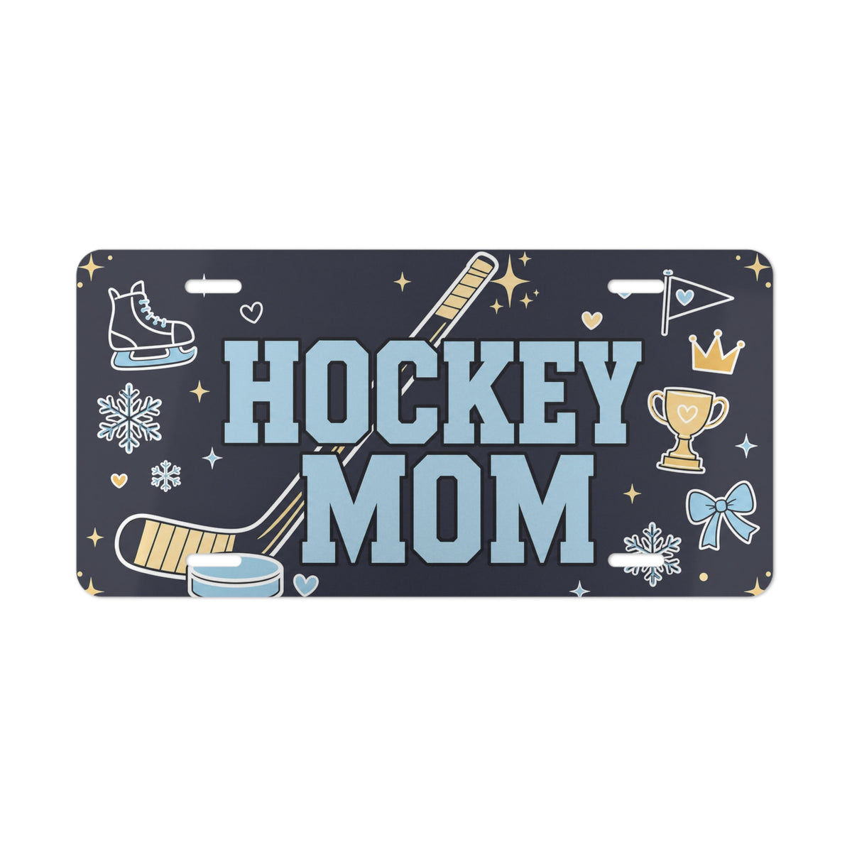 hockey mom vanity plate lifestyle shot — navy HOCKEY MOM rink sports license plate