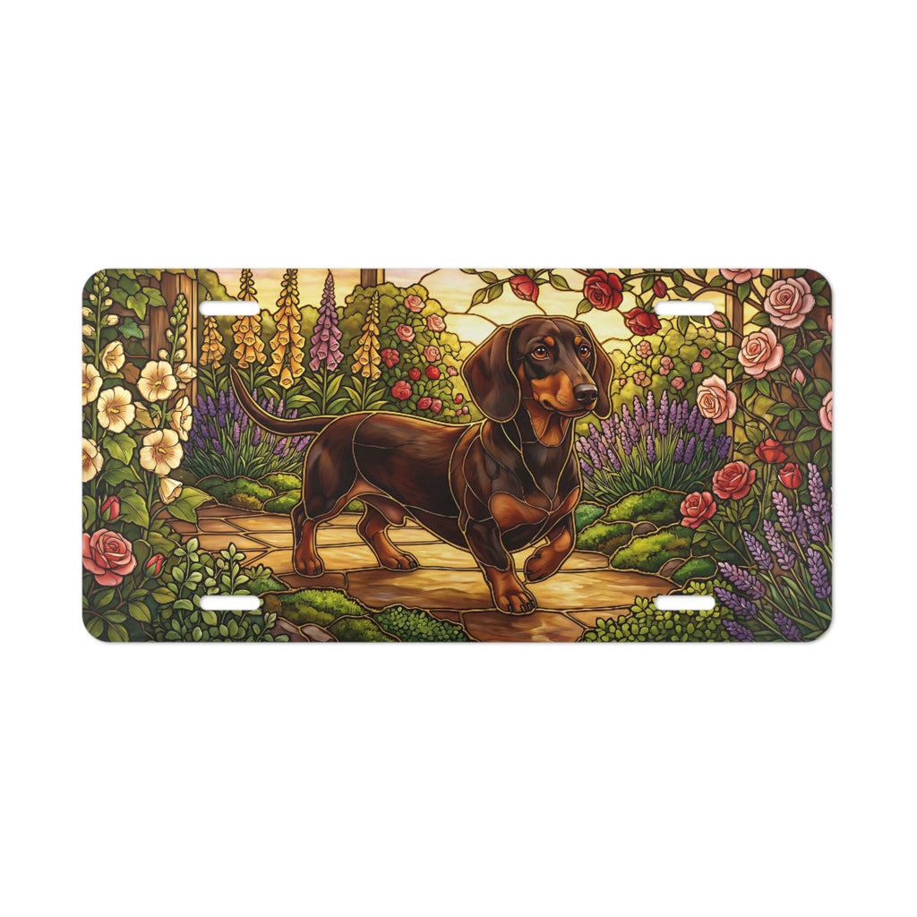 dachshund garden scene vanity plate lifestyle shot — floral cottage garden dog license plate