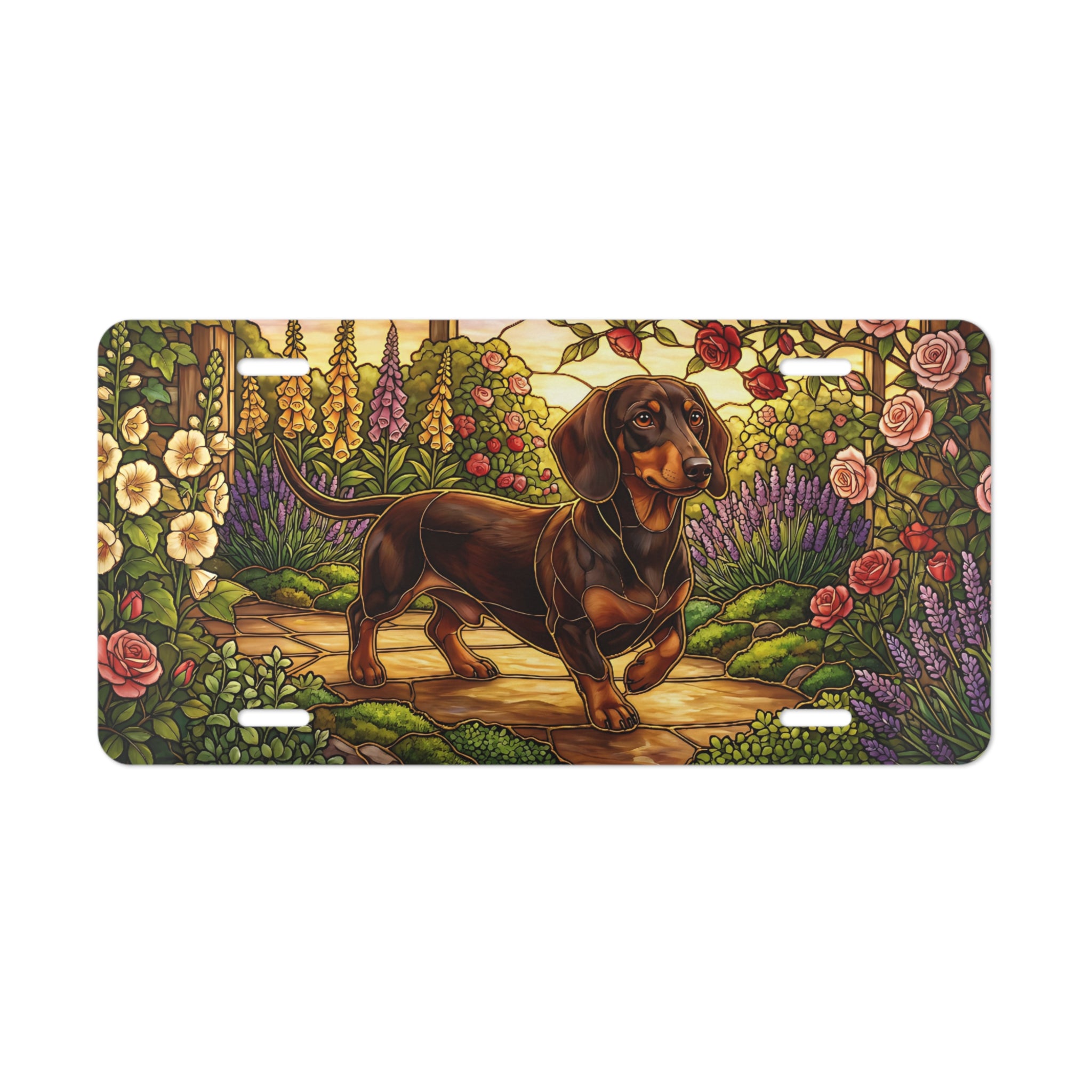 dachshund garden scene vanity plate lifestyle shot — floral cottage garden dog license plate