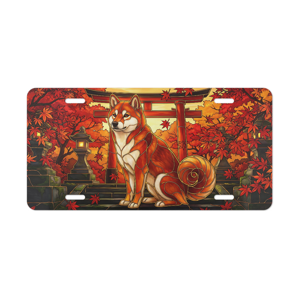 autumn fox torii shrine vanity plate lifestyle shot — Japanese folklore kitsune license plate