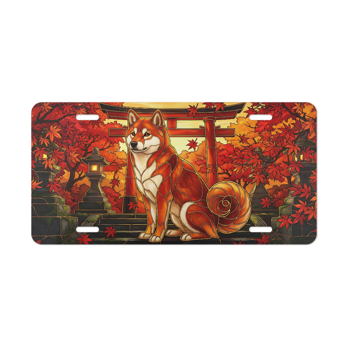 autumn fox torii shrine vanity plate lifestyle shot — Japanese folklore kitsune license plate