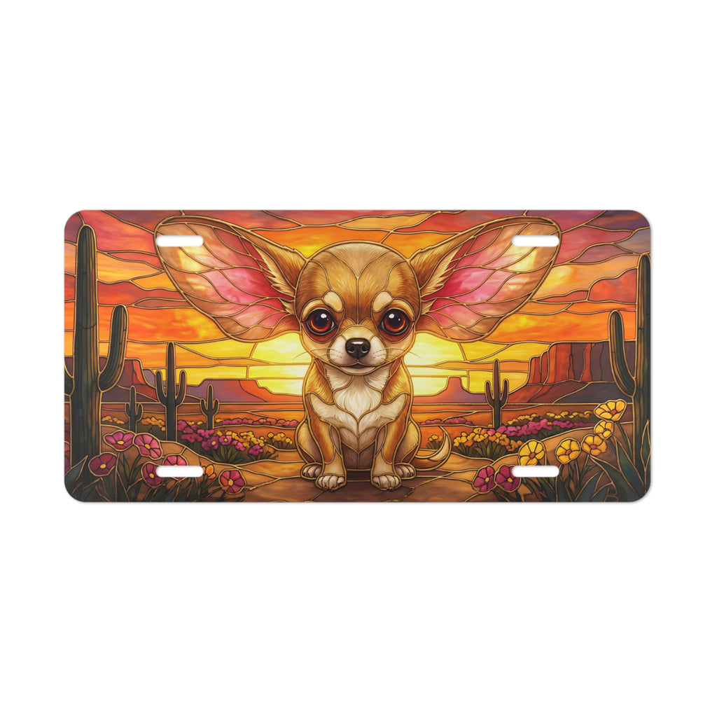 chihuahua sunset desert vanity plate lifestyle shot — small dog southwestern license plate