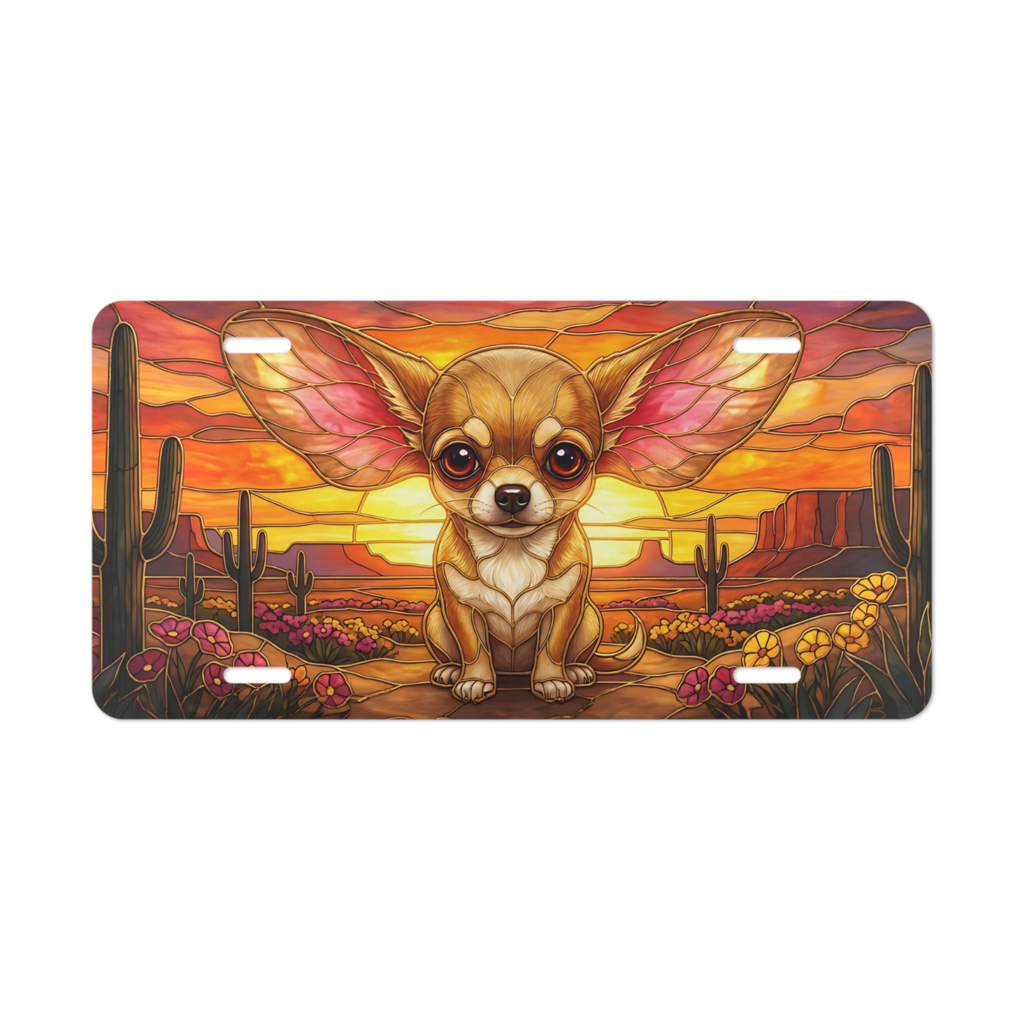 chihuahua sunset desert vanity plate lifestyle shot — small dog southwestern license plate