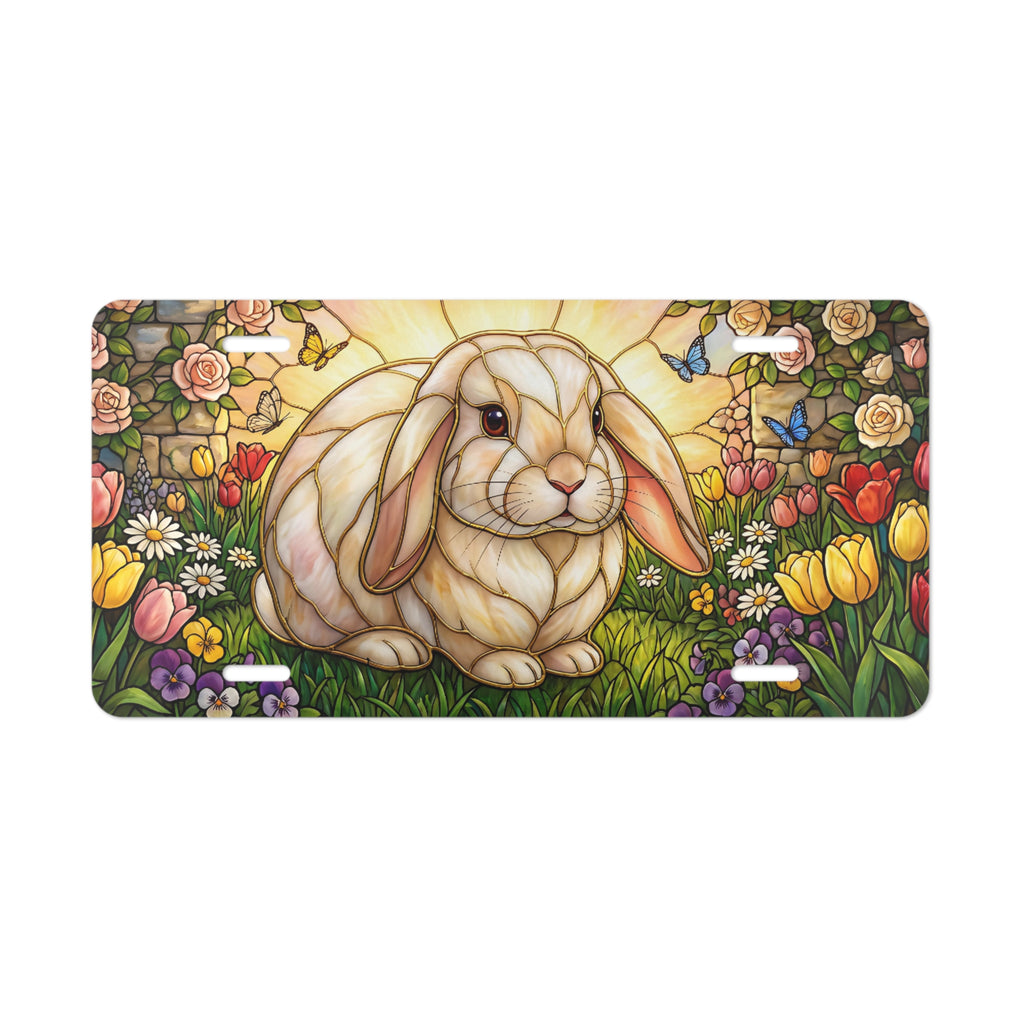 stained glass bunny floral garden vanity plate lifestyle shot — spring garden rabbit license plate